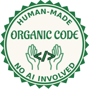 Un logo rond en vert sur fond jaune pale, avec au centre deux mais ouvertes semblant porter le symbole "" traditionnellement lié au "code". En gros, on peut lire "Organic Code", et autour "Human-made, no AI involved".