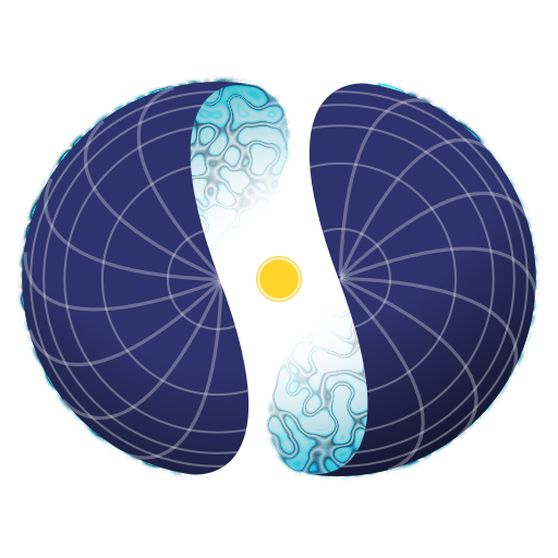 Une sphère bleue ouverte sur une petite boule jaune.